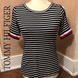 TOMMY HILFIGER Cold Shoulder Short Sleeve Nautical Top. Comfy & Stylish!⚓️🌊